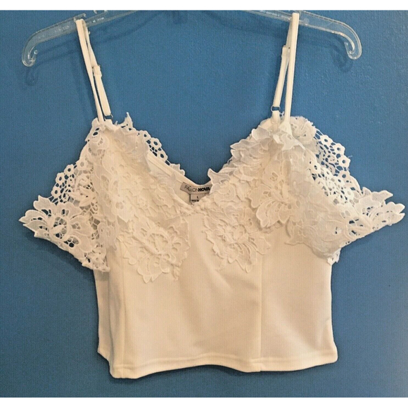 Fashion Nova Tops - Crop Top Blouse White Bare Shoulder Spaghetti Strap Lace Sleeves